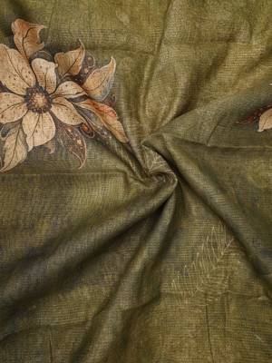 olive green shimmer handloom cotton blend saree floral print 5