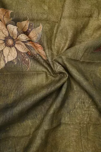 olive green shimmer handloom cotton blend saree floral print