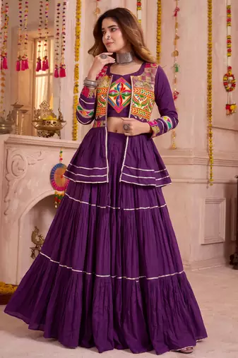 Wine Cotton Mirror & Gamthi Work Lehenga Choli Set