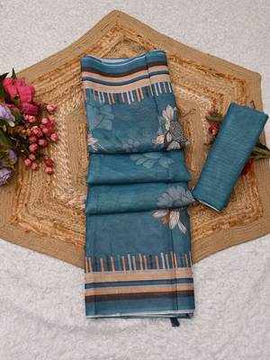 blue shimmer handloom cotton blend saree with floral border print 1