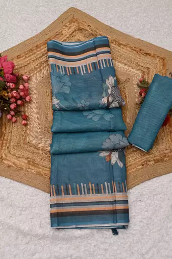 blue shimmer handloom cotton blend saree with floral border print