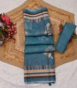 blue shimmer handloom cotton blend saree with floral border print
