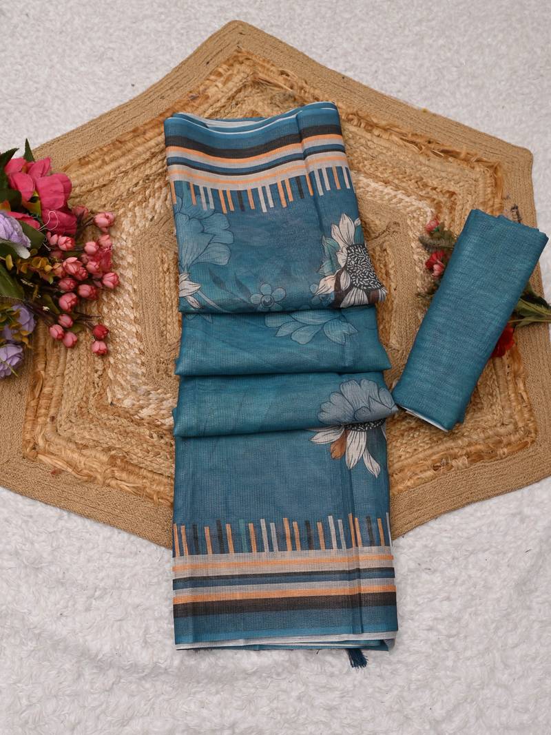 blue shimmer handloom cotton blend saree with floral border print