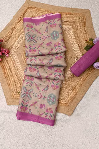 pink shimmer handloom cotton blend saree with floral print