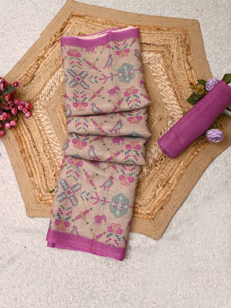 pink shimmer handloom cotton blend saree with floral print