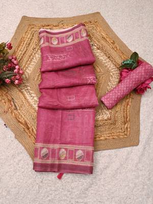 pink shimmer handloom cotton blend saree with ethnic motif border print 1