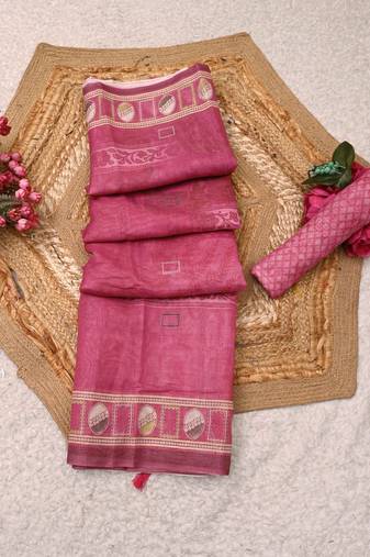 pink shimmer handloom cotton blend saree with ethnic motif border print