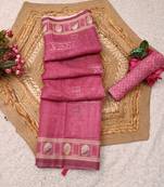 pink shimmer handloom cotton blend saree with ethnic motif border print