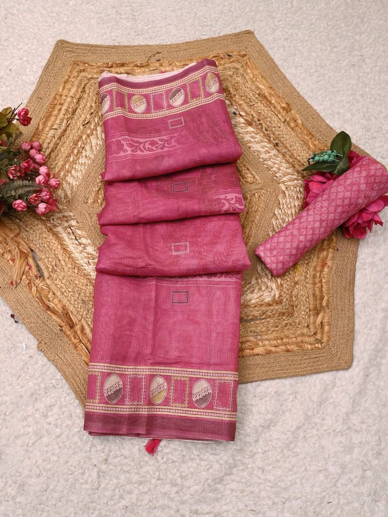 pink shimmer handloom cotton blend saree with ethnic motif border print