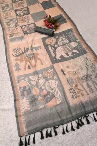 sea green peach shimmer handloom cotton blend digital print saree