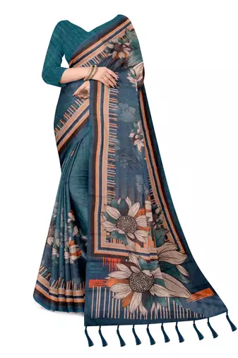 blue shimmer handloom cotton blend saree with floral border print