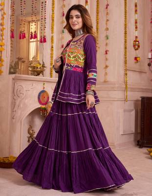 Wine Cotton Mirror & Gamthi Work Lehenga Choli Set 3