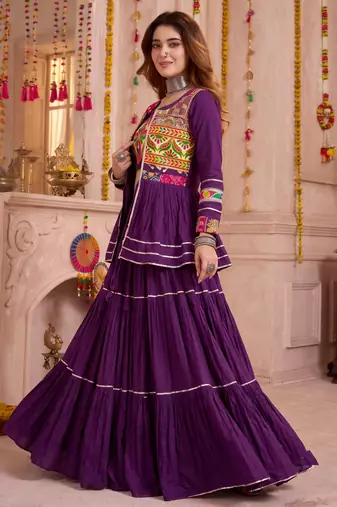 Wine Cotton Mirror & Gamthi Work Lehenga Choli Set