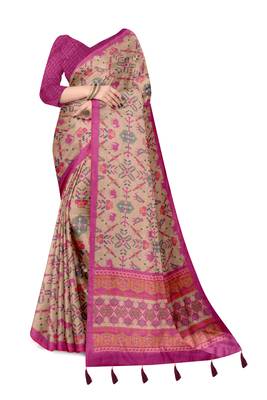 pink shimmer handloom cotton blend saree with floral print 2