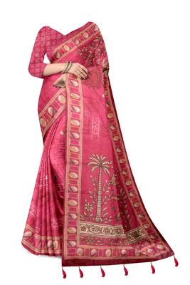 pink shimmer handloom cotton blend saree with ethnic motif border print 2