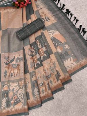 sea green peach shimmer handloom cotton blend digital print saree 4