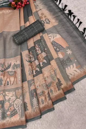 sea green peach shimmer handloom cotton blend digital print saree