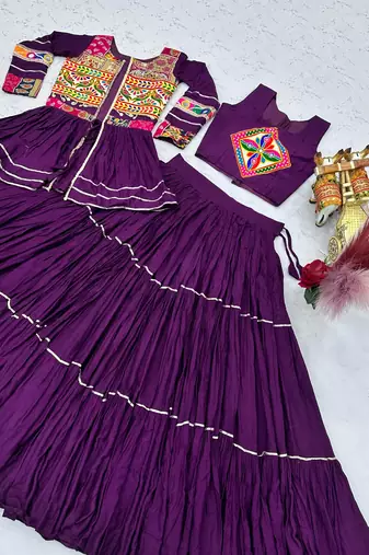 Wine Cotton Mirror & Gamthi Work Lehenga Choli Set