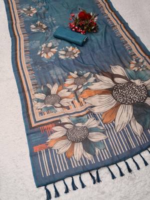 blue shimmer handloom cotton blend saree with floral border print 3