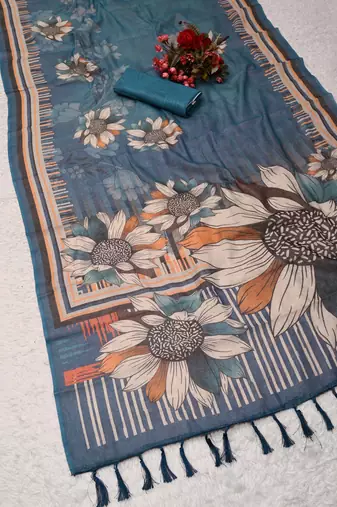 blue shimmer handloom cotton blend saree with floral border print