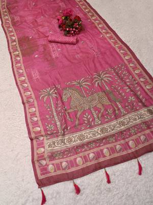 pink shimmer handloom cotton blend saree with ethnic motif border print 3
