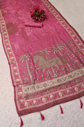 pink shimmer handloom cotton blend saree with ethnic motif border print