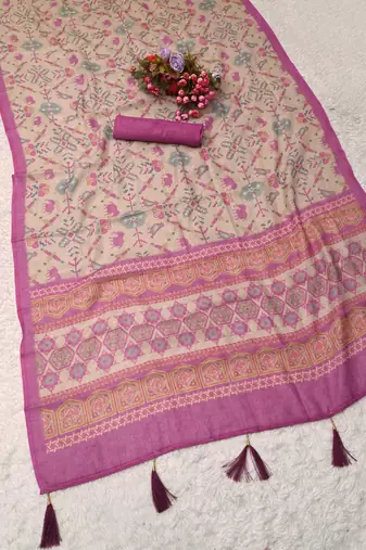 pink shimmer handloom cotton blend saree with floral print