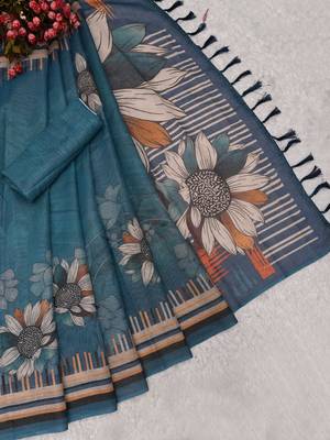 blue shimmer handloom cotton blend saree with floral border print 4