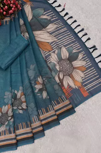 blue shimmer handloom cotton blend saree with floral border print