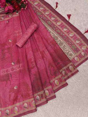 pink shimmer handloom cotton blend saree with ethnic motif border print 4