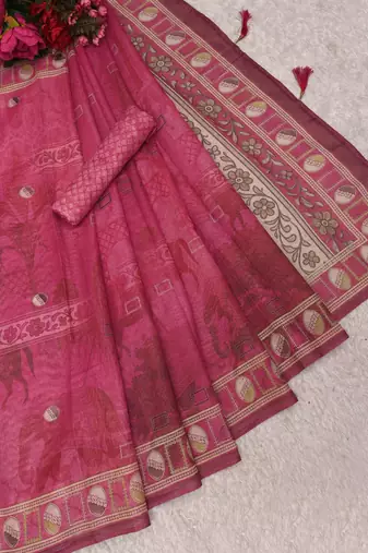 pink shimmer handloom cotton blend saree with ethnic motif border print
