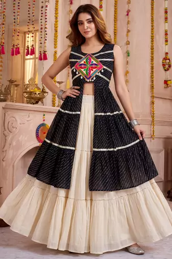 Cream Cotton Gamthi & Lace Work Lehenga Choli Set