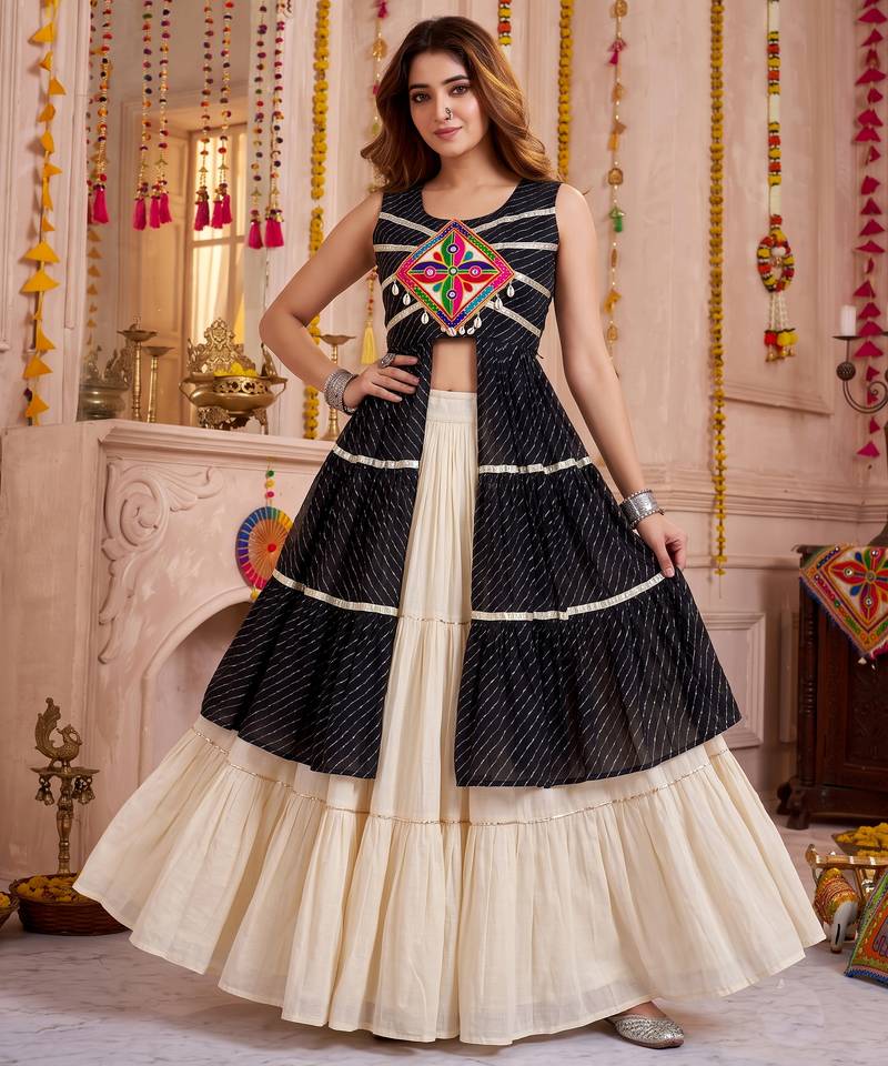Cream Cotton Gamthi & Lace Work Lehenga Choli Set