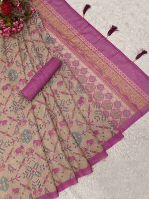 pink shimmer handloom cotton blend saree with floral print 4