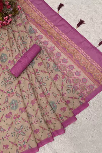 pink shimmer handloom cotton blend saree with floral print