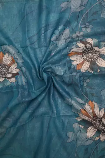 blue shimmer handloom cotton blend saree with floral border print