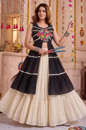 Cream Cotton Gamthi & Lace Work Lehenga Choli Set