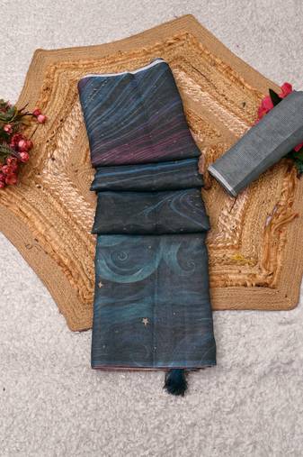 blue purple shimmer handloom cotton blend digital print saree