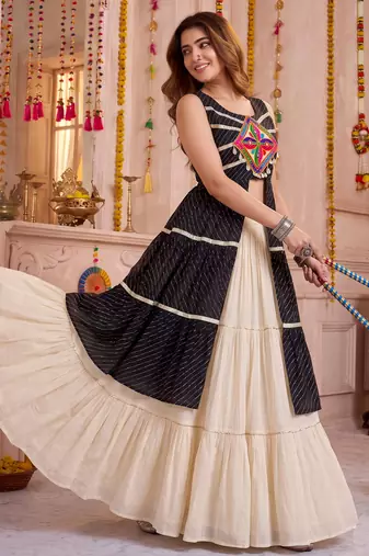 Cream Cotton Gamthi & Lace Work Lehenga Choli Set