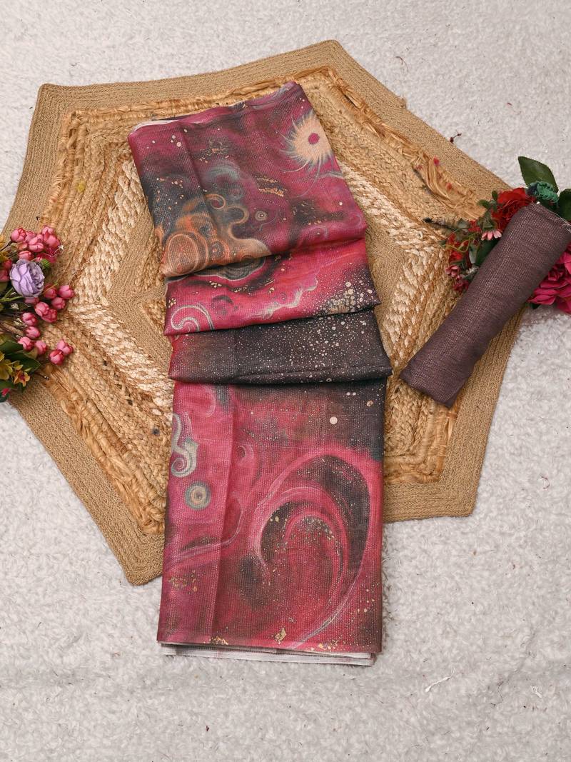 mauve purple shimmer handloom cotton blend saree brush stroke abstract print (t sfshmr15)