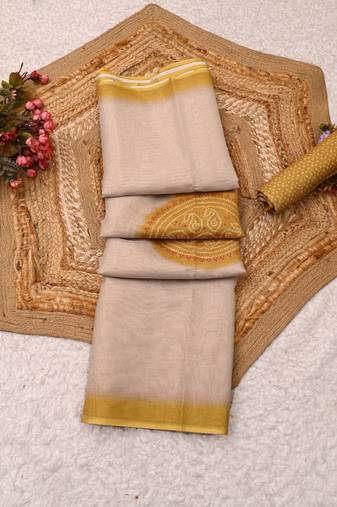 cream mustard shimmer handloom cotton blend digital print saree