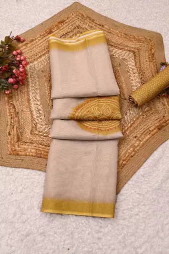 cream mustard shimmer handloom cotton blend digital print saree