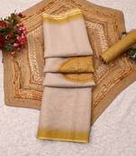 cream mustard shimmer handloom cotton blend digital print saree