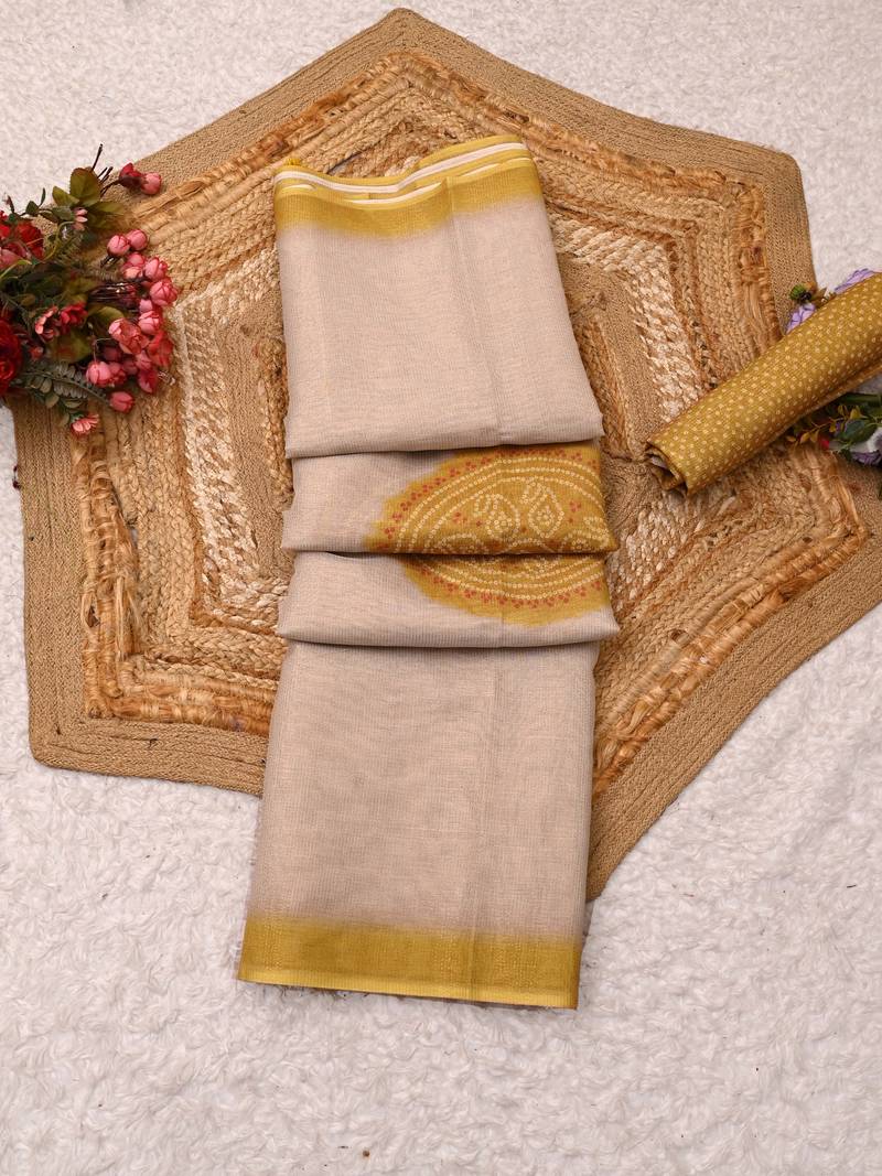cream mustard shimmer handloom cotton blend digital print saree