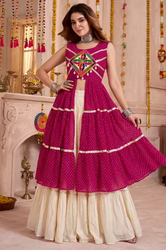Cream Cotton Gamthi Work Lehenga Choli Set