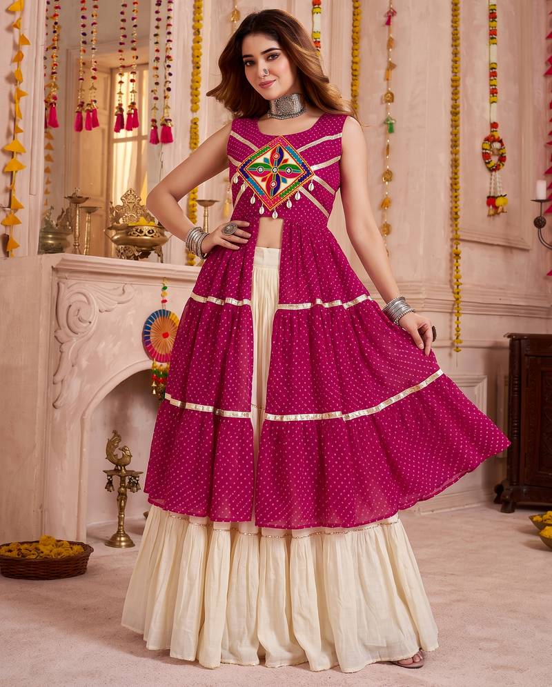 Cream Cotton Gamthi Work Lehenga Choli Set