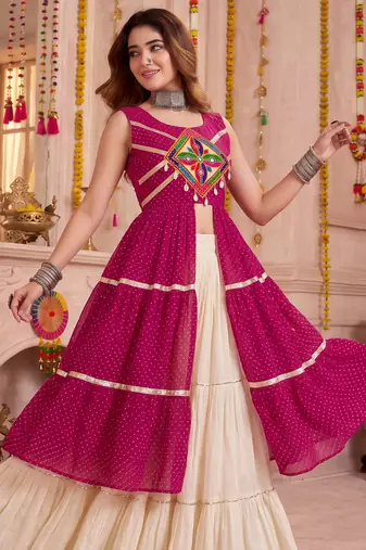 Cream Cotton Gamthi Work Lehenga Choli Set