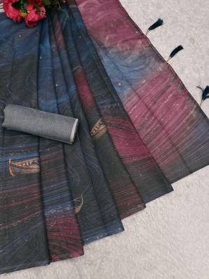 blue purple shimmer handloom cotton blend digital print saree 4