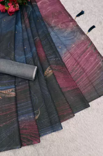 blue purple shimmer handloom cotton blend digital print saree