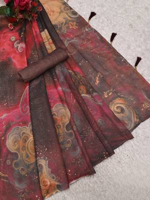 mauve purple shimmer handloom cotton blend saree brush stroke abstract print 4